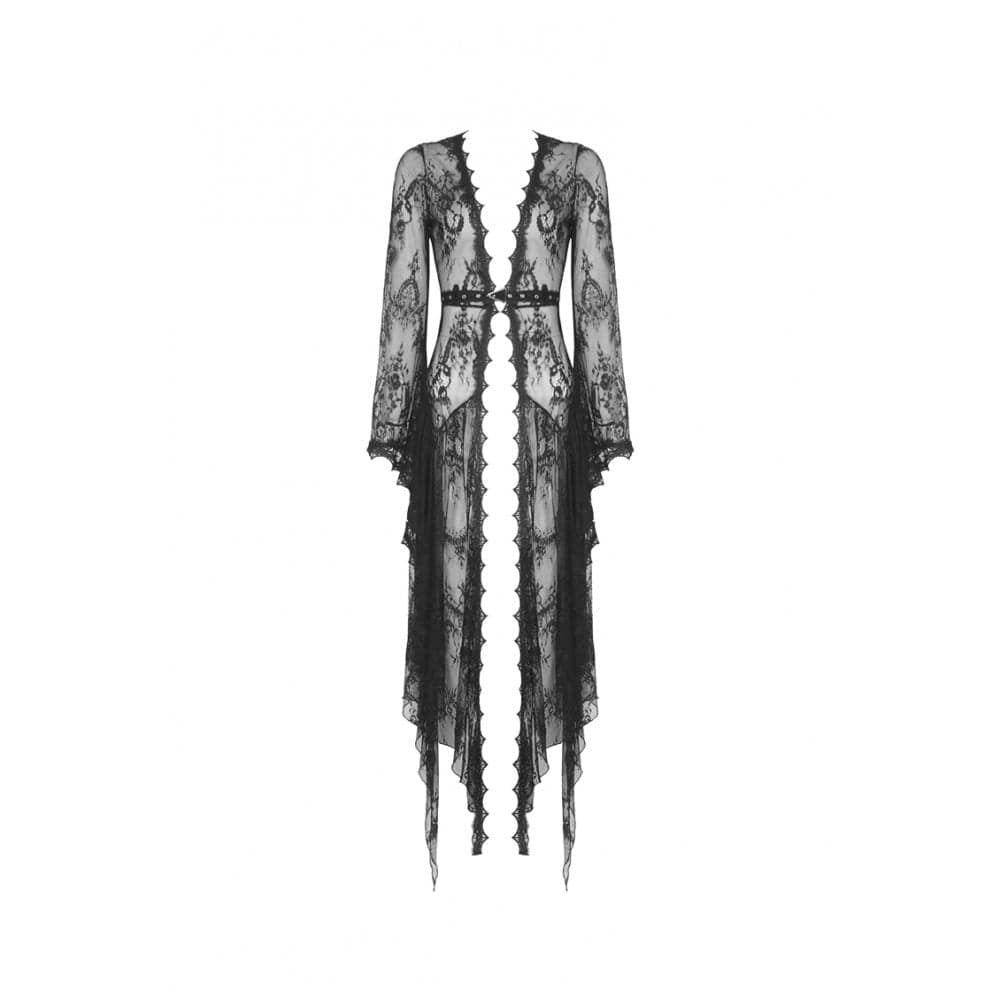 Women’s Vintage Gothic Sheer Floral Lace Maxi Cape with Belts