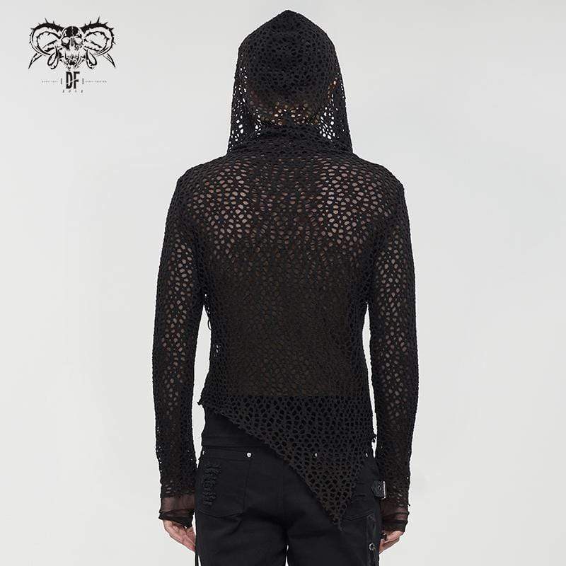 Men's Gothic Strappy Irregular Mesh Shirt with Hood