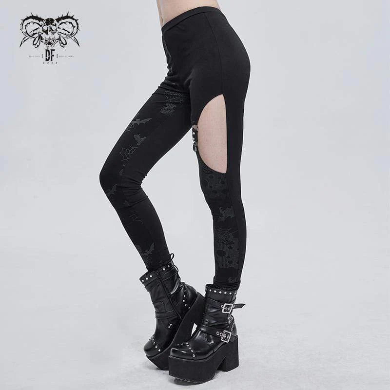 Women's Gothic Cobweb Printed Cutout Pants