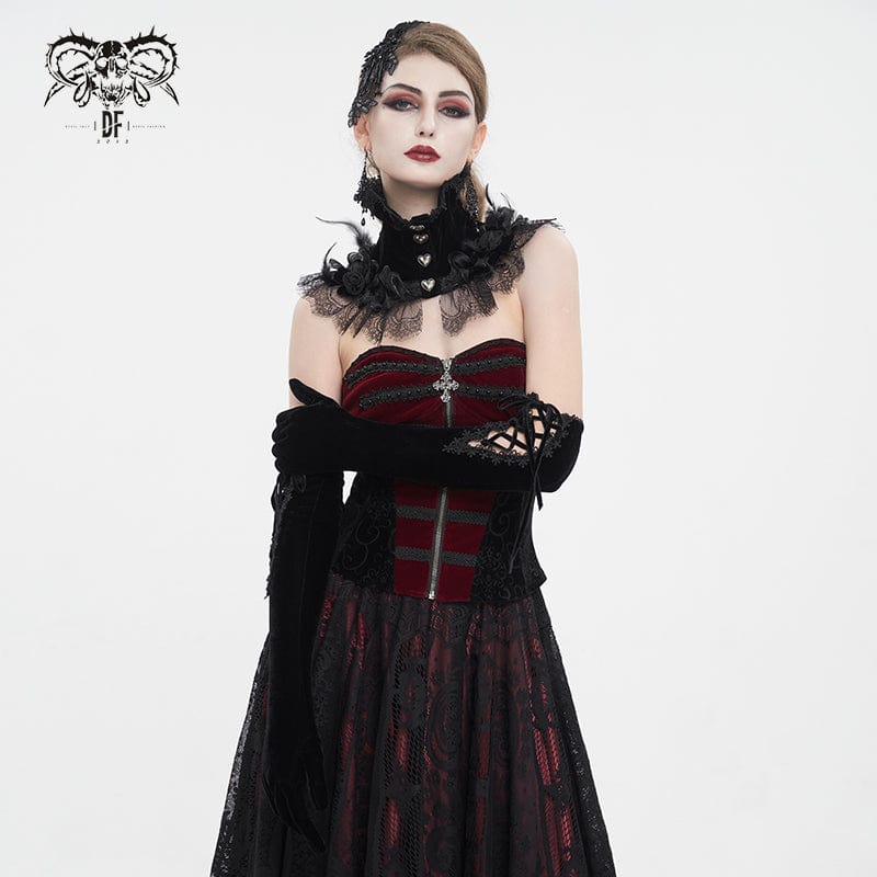 Women's Gothic Lace-up Lace Hem Velvet Gloves Black
