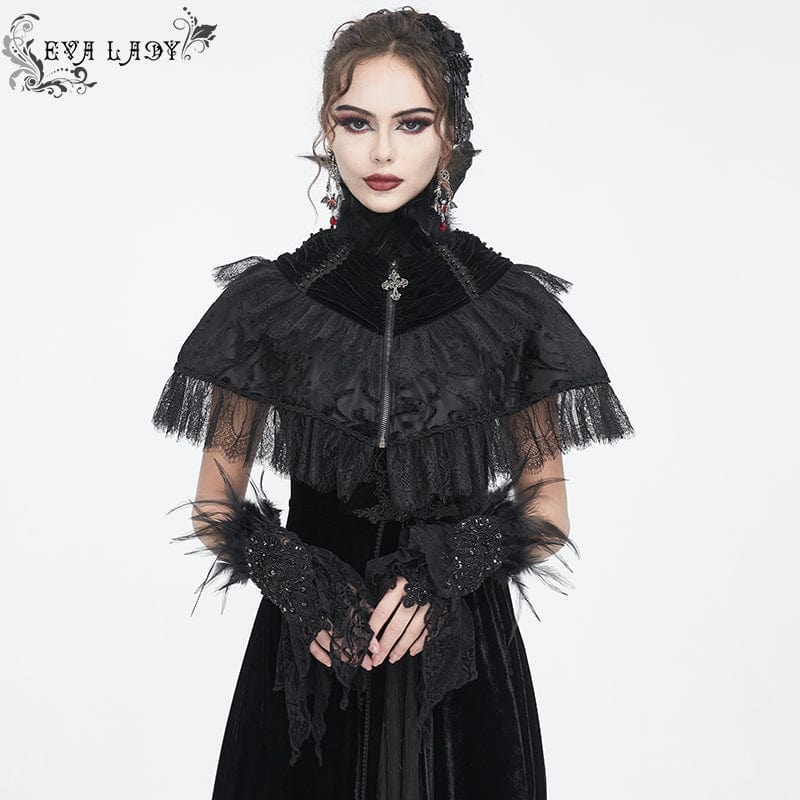 Women's Gothic Irregular Feather Beaded Black Lace Gloves