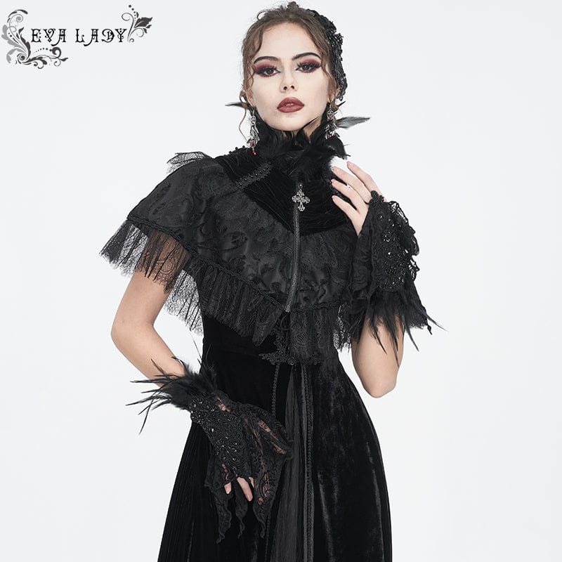 Women's Gothic Irregular Feather Beaded Black Lace Gloves