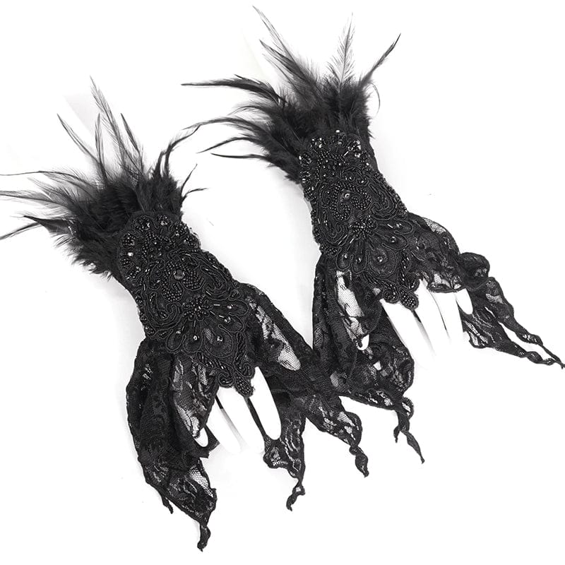Women's Gothic Irregular Feather Beaded Black Lace Gloves