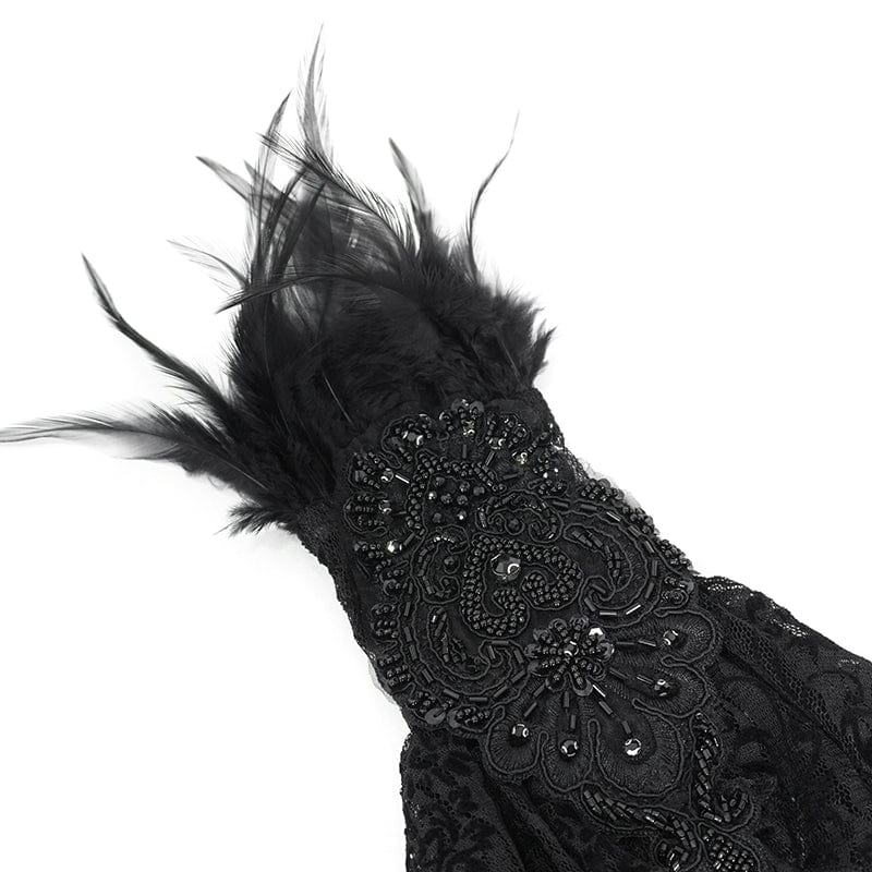 Women's Gothic Irregular Feather Beaded Black Lace Gloves