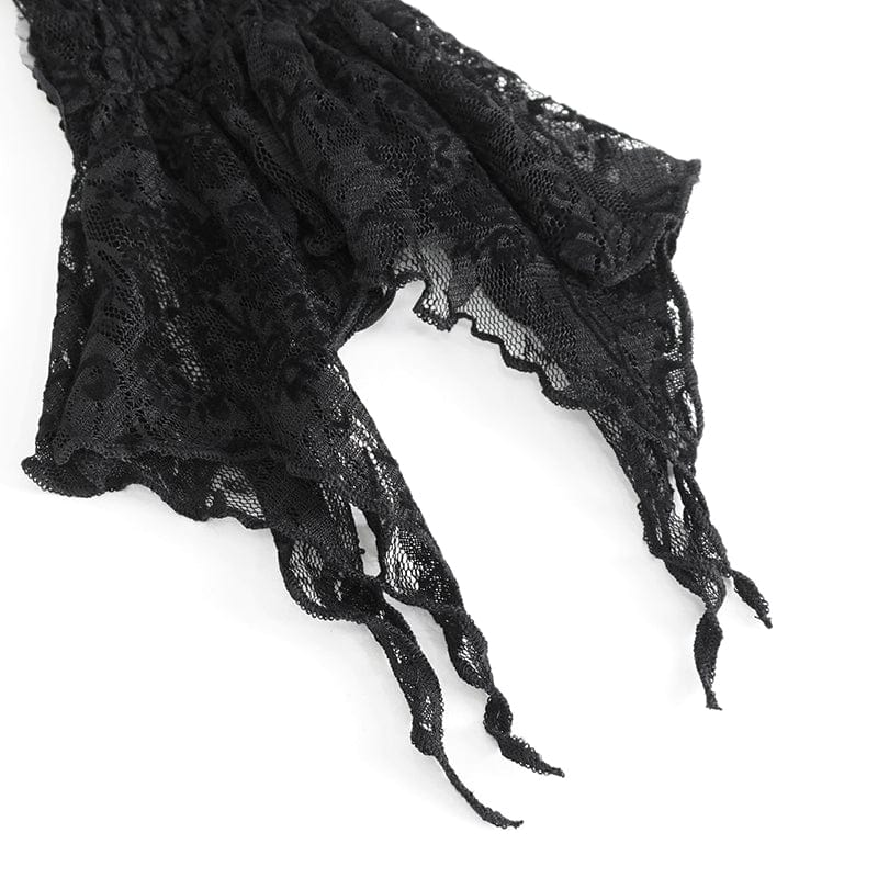 Women's Gothic Irregular Feather Beaded Black Lace Gloves