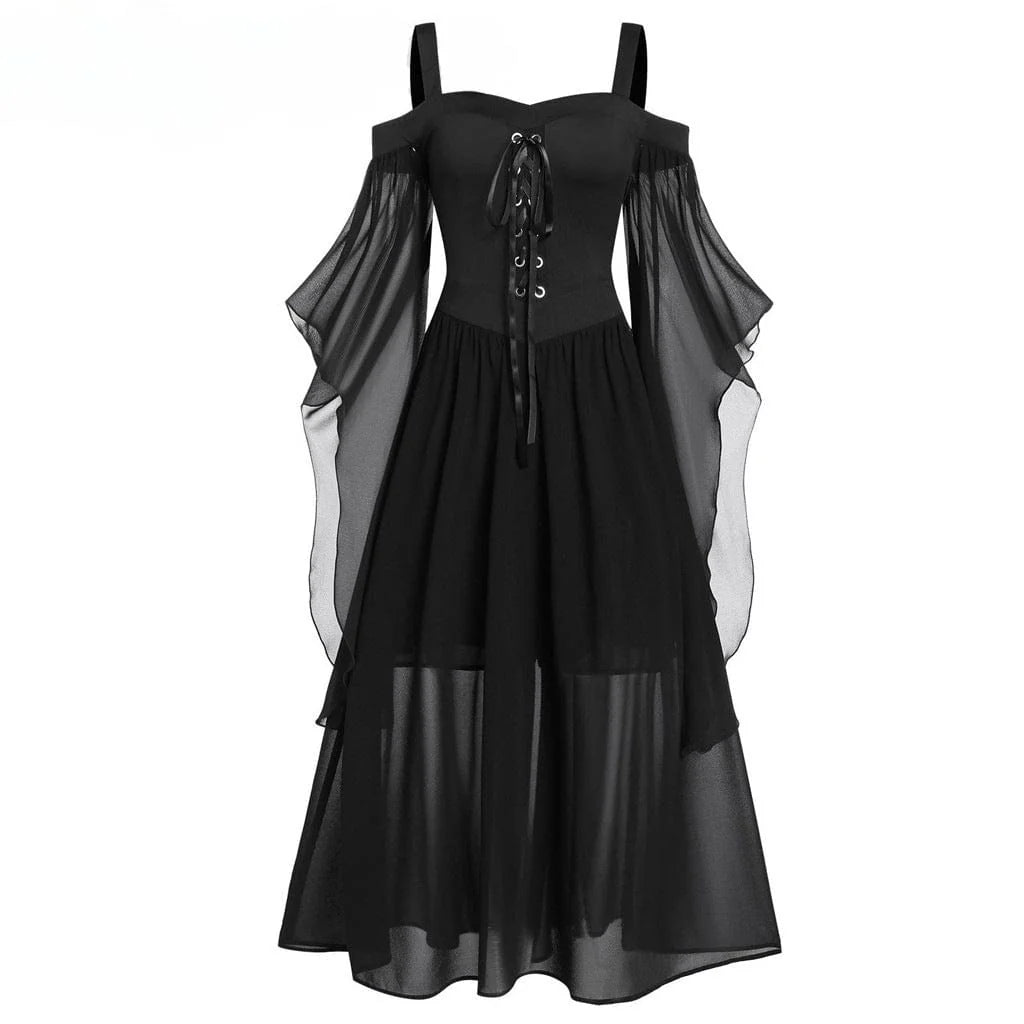 Women's Gothic Contrast Color Flared Sleeved Witch Slip Dress