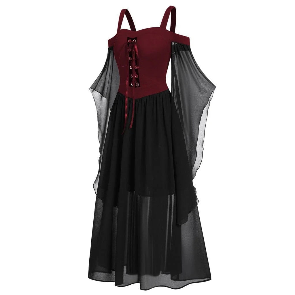 Women's Gothic Contrast Color Flared Sleeved Witch Slip Dress
