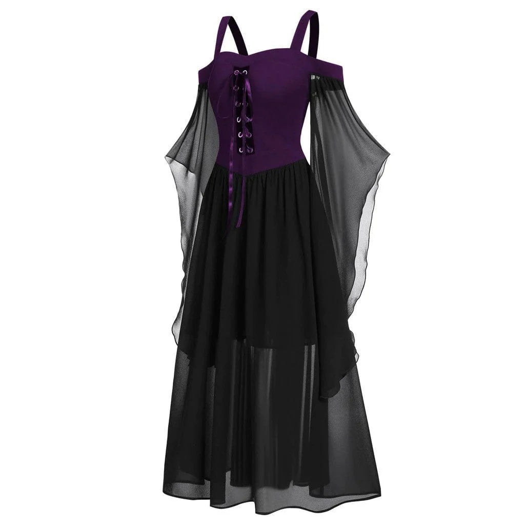 Women's Gothic Contrast Color Flared Sleeved Witch Slip Dress