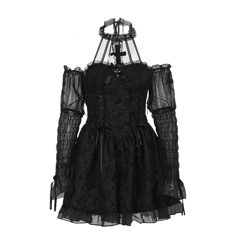 Women's Gothic Mesh Chain Halter Short Dress