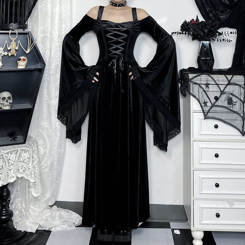 Women's Gothic Off-the-shoulder Flared Sleeed Velvet Dess