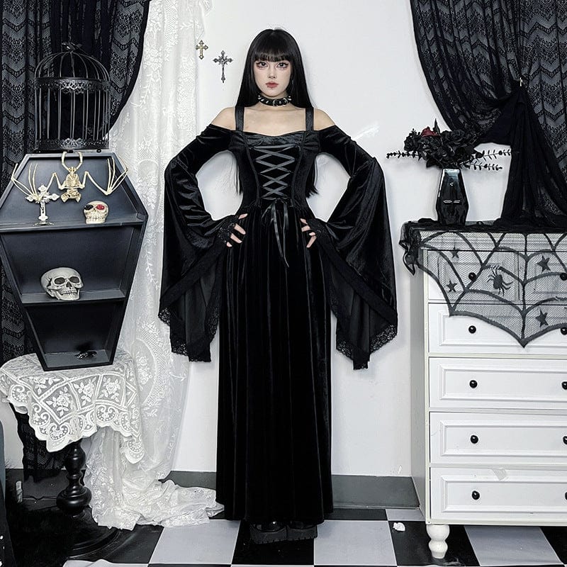 Women's Gothic Off-the-shoulder Flared Sleeed Velvet Dess