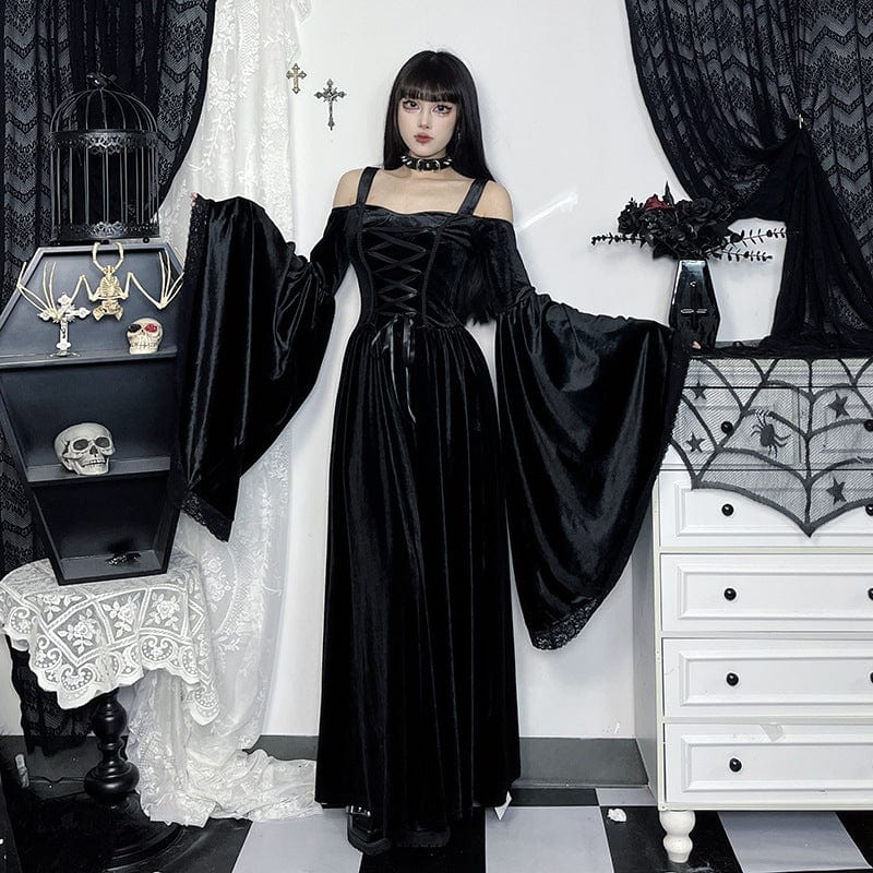 Women's Gothic Off-the-shoulder Flared Sleeed Velvet Dess