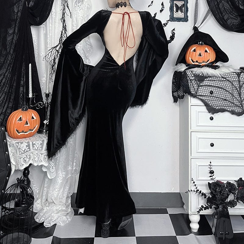 Women's Gothic Plunging Flared Sleeved Velvet Witch Dress