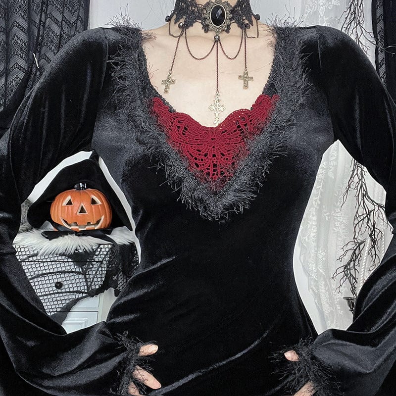 Women's Gothic Plunging Flared Sleeved Velvet Witch Dress