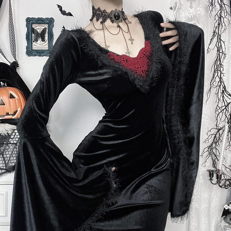 Women's Gothic Plunging Flared Sleeved Velvet Witch Dress