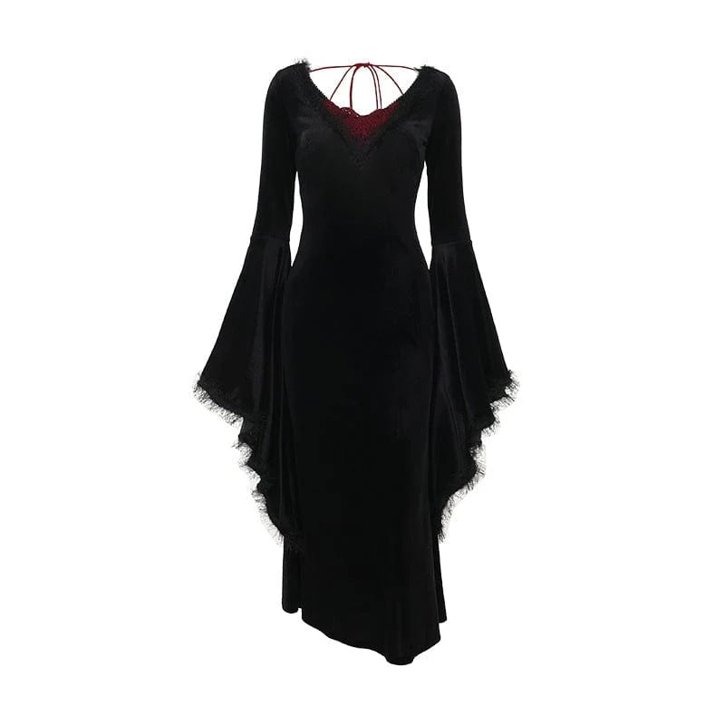 Women's Gothic Plunging Flared Sleeved Velvet Witch Dress