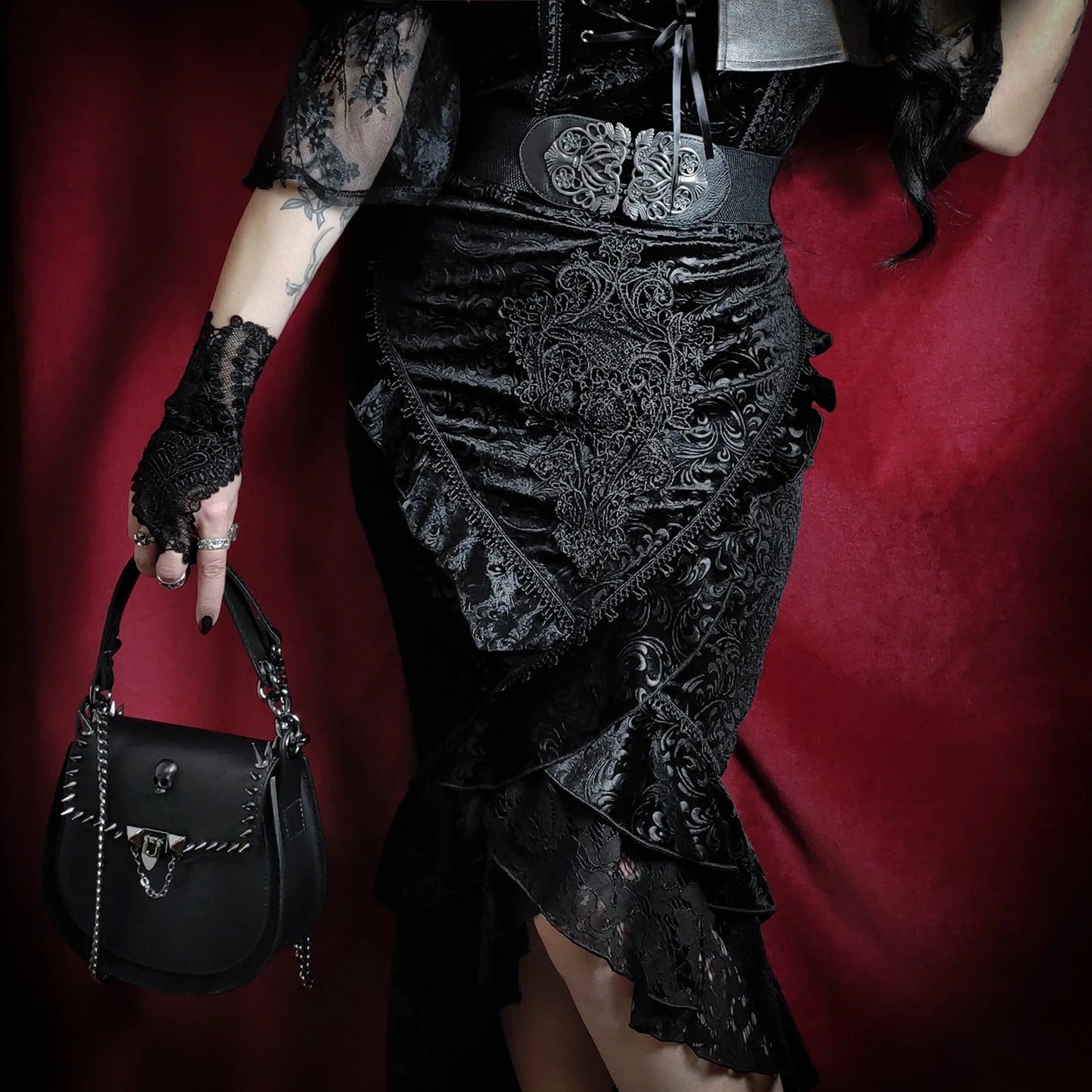 Women’s Gothic Lace Hem Jacquard Dovetail Wrap Skirt
