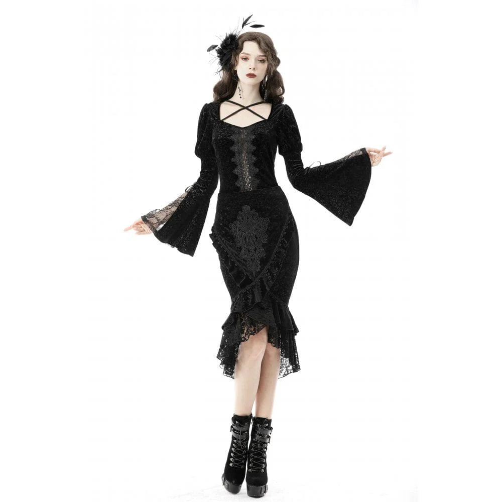 Women’s Gothic Lace Hem Jacquard Dovetail Wrap Skirt
