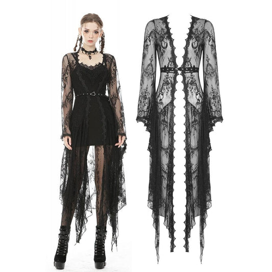 Women’s Vintage Gothic Sheer Floral Lace Maxi Cape with Belts