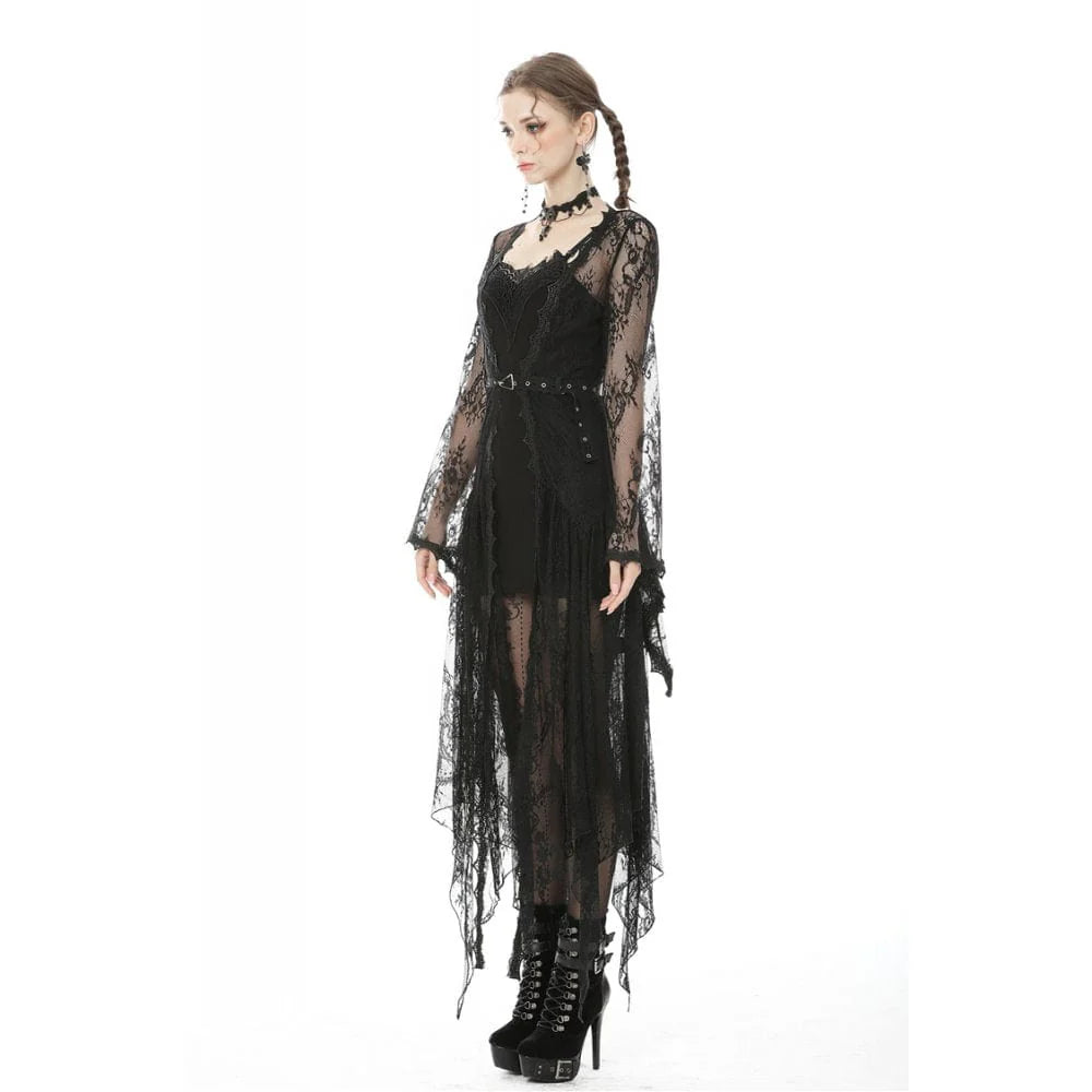 Women’s Vintage Gothic Sheer Floral Lace Maxi Cape with Belts