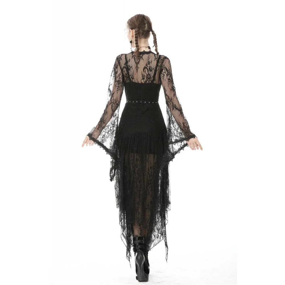 Women’s Vintage Gothic Sheer Floral Lace Maxi Cape with Belts