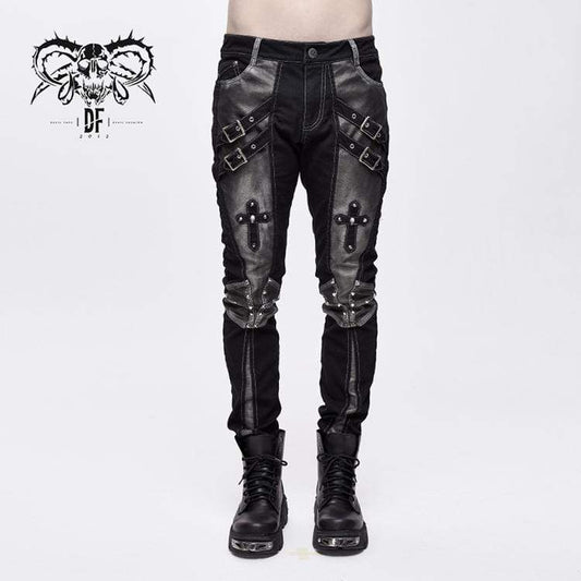 Men’s Punk Cross Rivets Faux Leather Pants