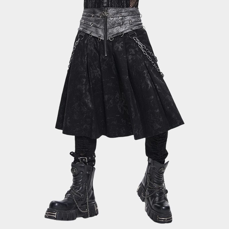Men’s Punk Rings Chains Zip Pleated Skirt