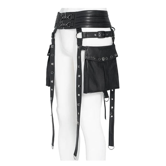 Men’s Punk Rivet Strappy Harness Belt with Pouches Black