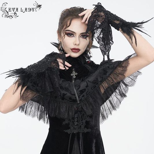 Women's Gothic Irregular Feather Beaded Black Lace Gloves