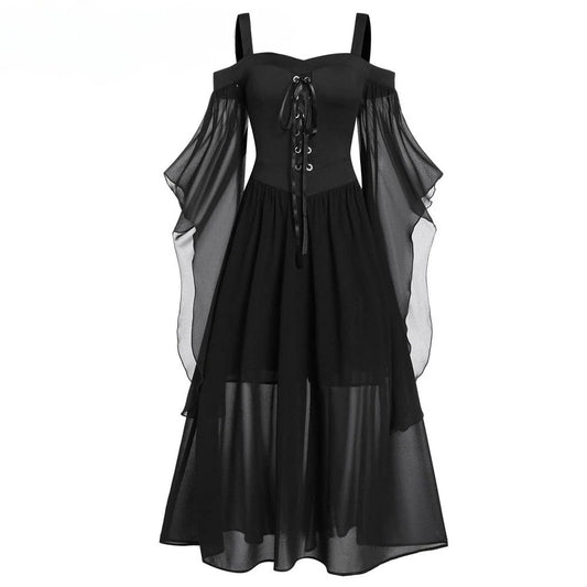 Women's Gothic Contrast Color Flared Sleeved Witch Slip Dress
