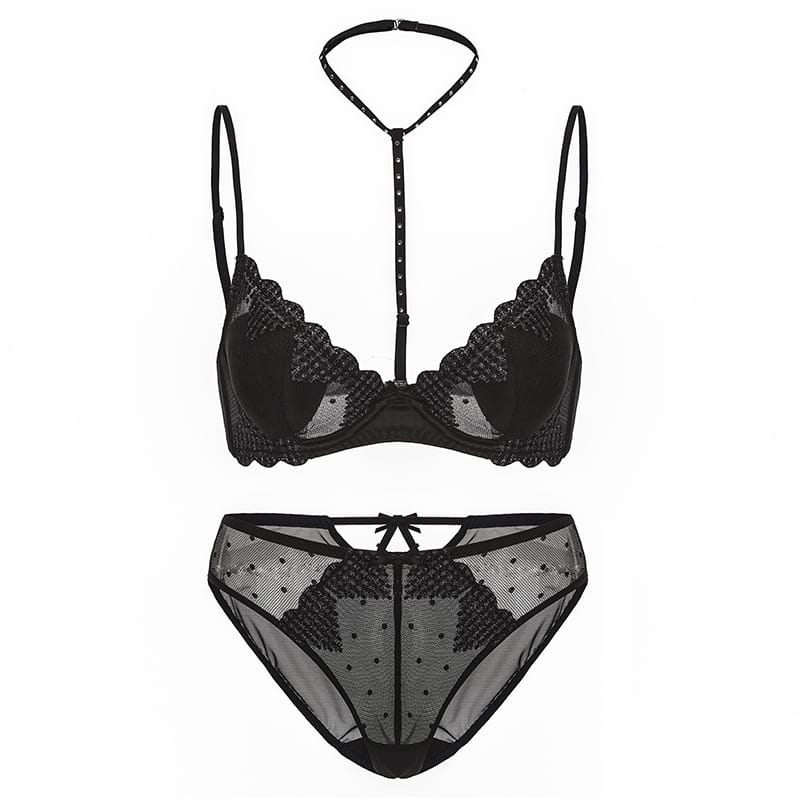 Women’s Gothic Embroidered Heart Mesh Lingerie Set