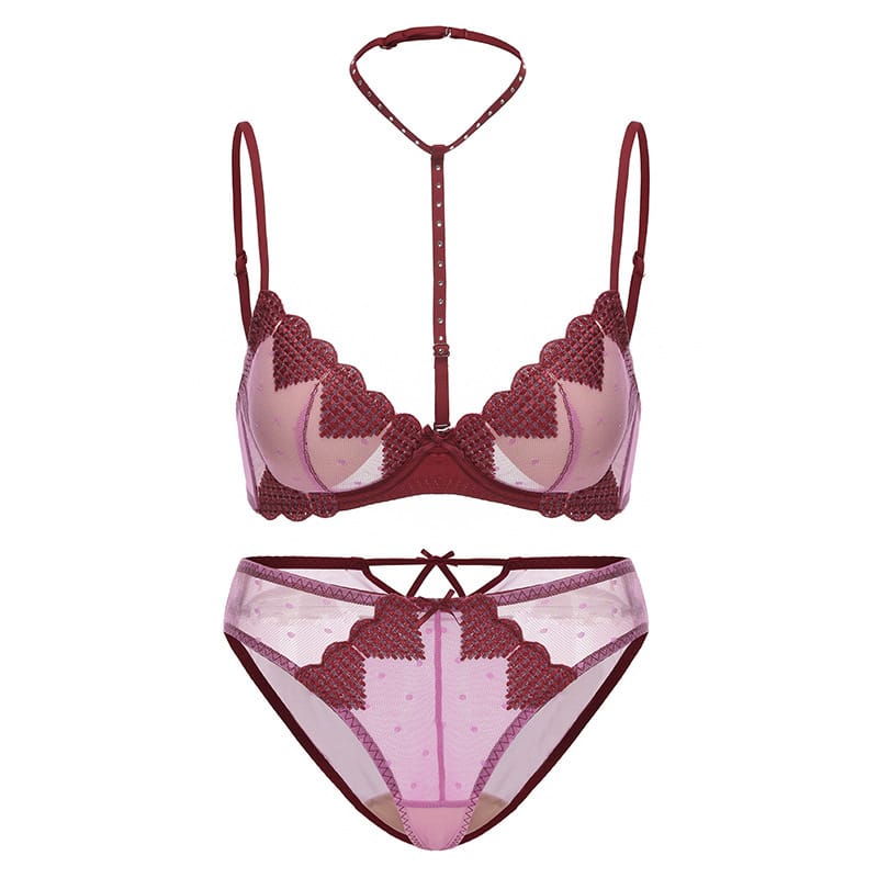 Women’s Gothic Embroidered Heart Mesh Lingerie Set