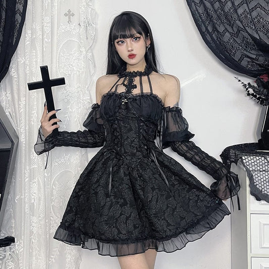 Women's Gothic Mesh Chain Halter Short Dress