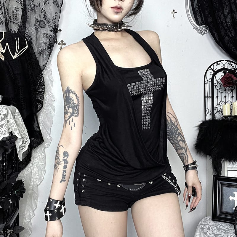 Women’s Grunge Cross Draped Halter Tank Top