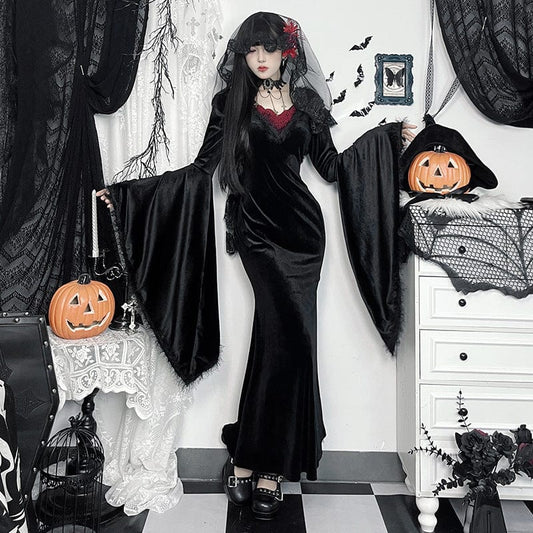 Women's Gothic Plunging Flared Sleeved Velvet Witch Dress