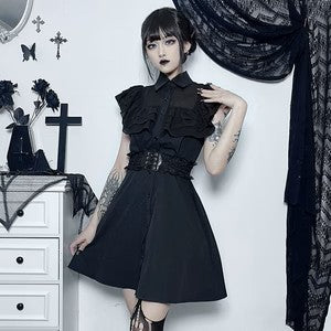 Women's Gothic Turn-down Collar Ruffled Dress