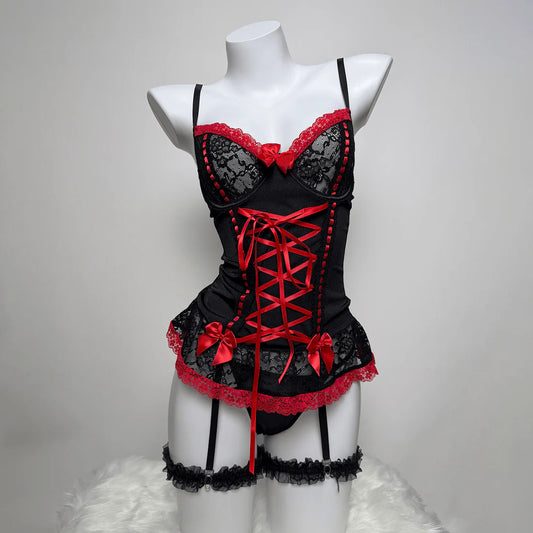 Women’s Bowknot Lace-up Sexy Lingerie Set with Garter