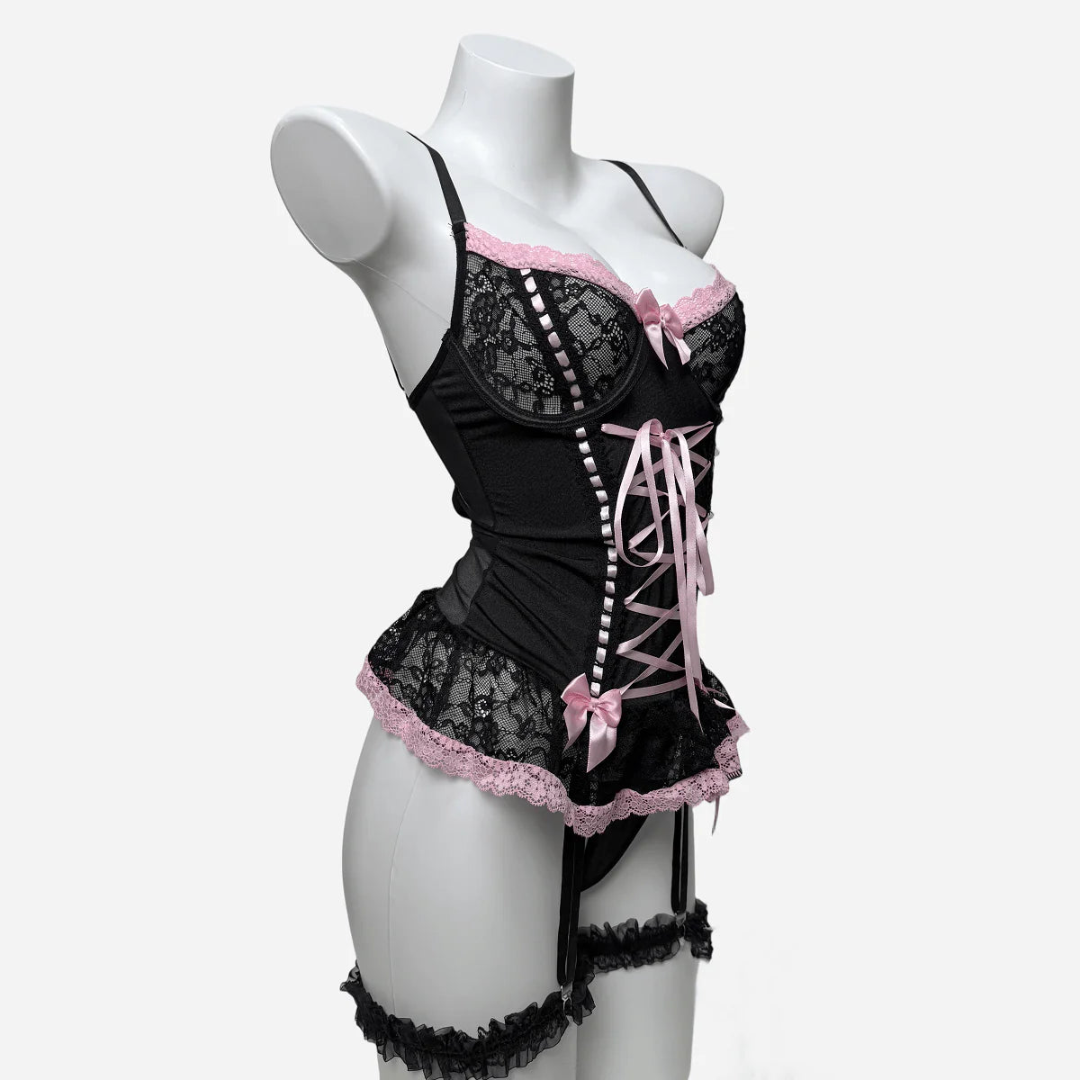 Women’s Bowknot Lace-up Sexy Lingerie Set with Garter
