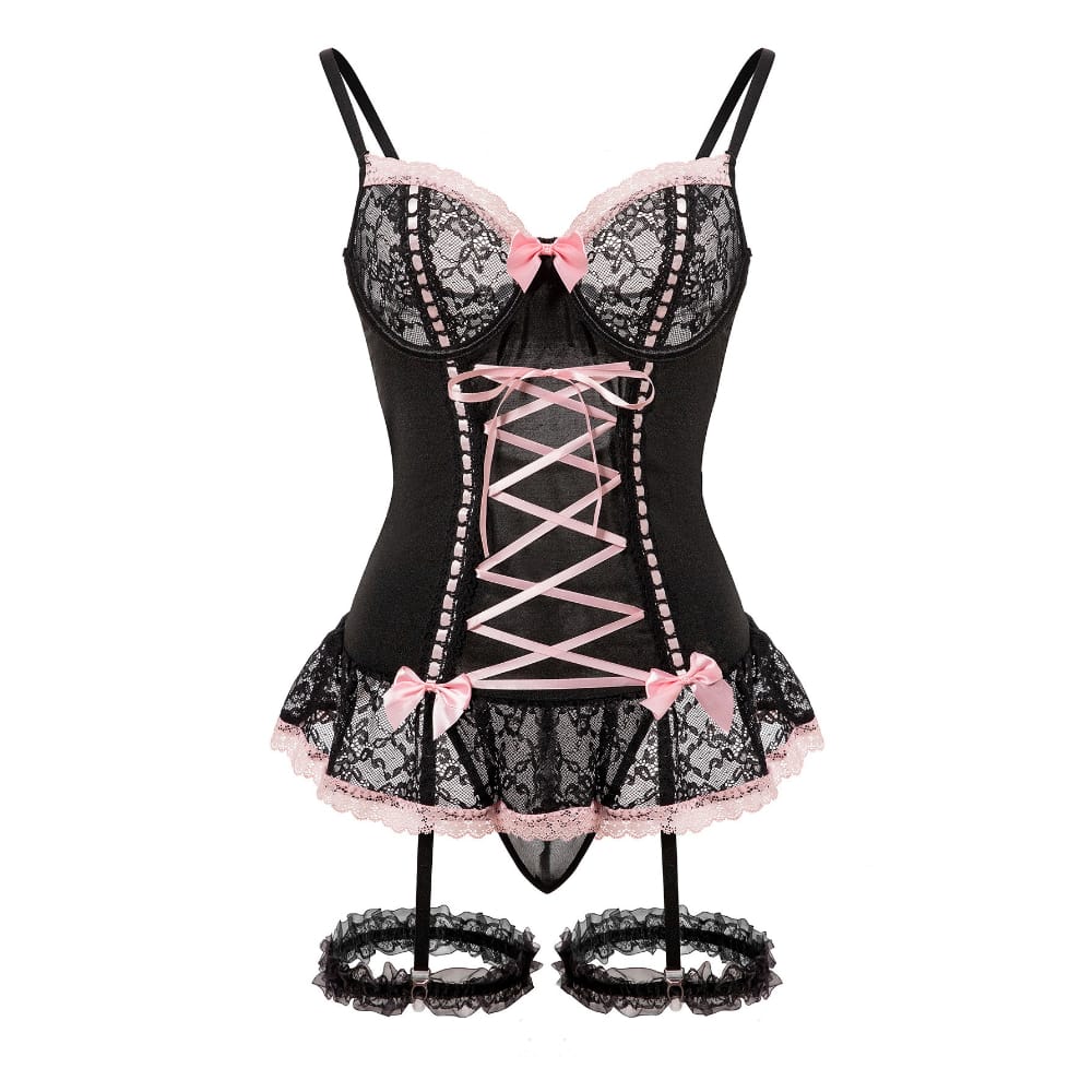 Women’s Bowknot Lace-up Sexy Lingerie Set with Garter