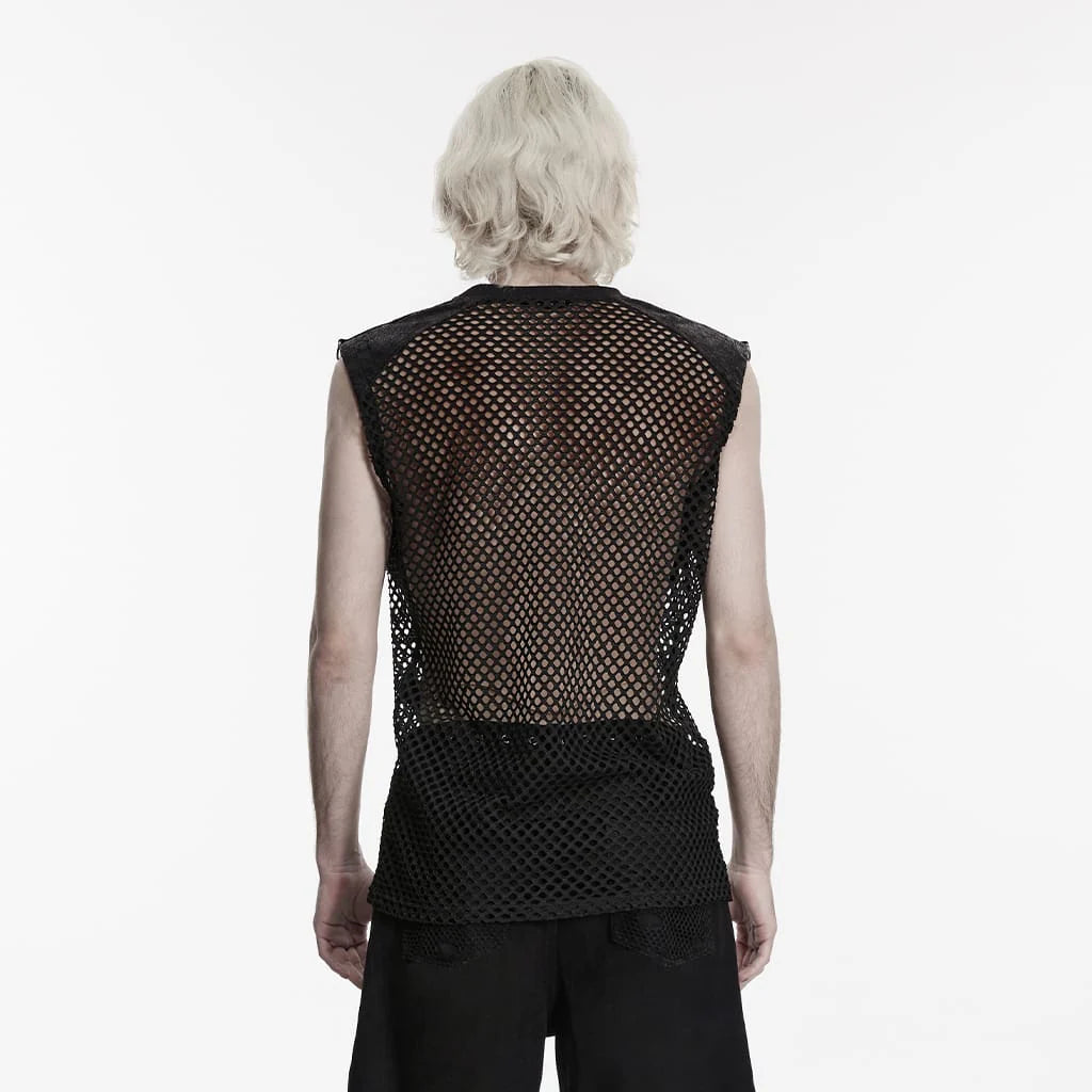 Men’s Punk Rivet Ripped Mesh Tank Top