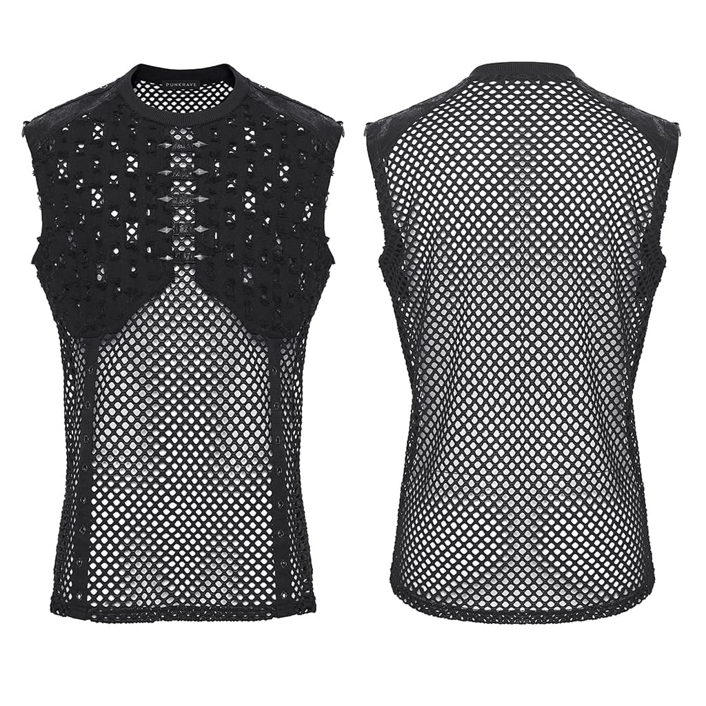 Men’s Punk Rivet Ripped Mesh Tank Top