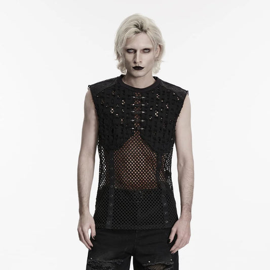 Men’s Punk Rivet Ripped Mesh Tank Top