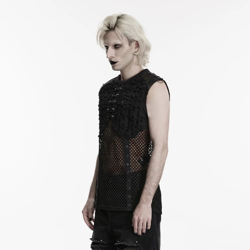 Men’s Punk Rivet Ripped Mesh Tank Top