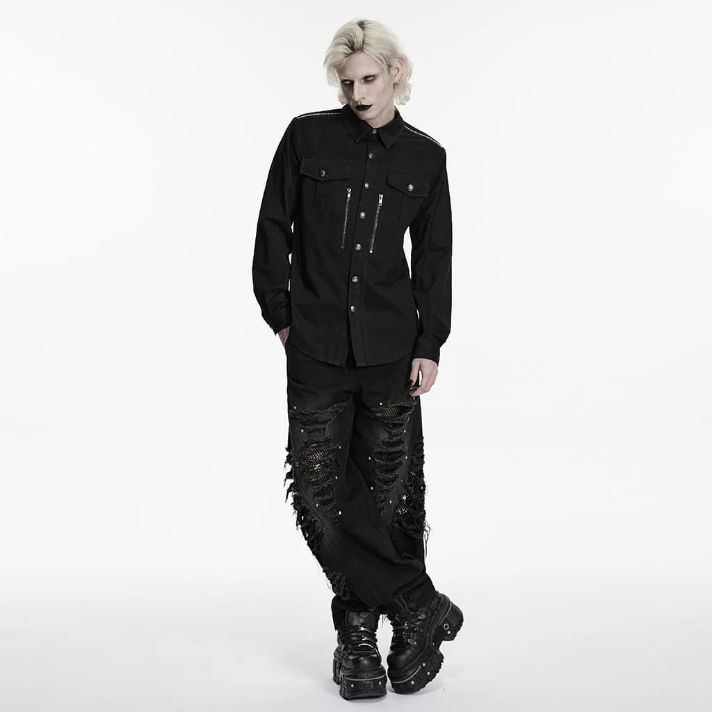 Men’s Punk Zips Turn-down Collar Long Sleeved Shirt
