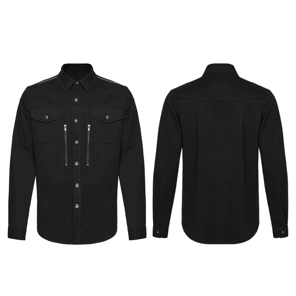 Men’s Punk Zips Turn-down Collar Long Sleeved Shirt