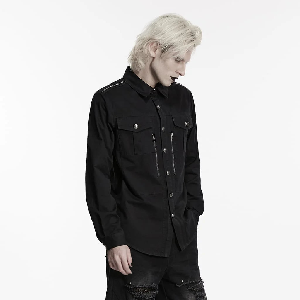 Men’s Punk Zips Turn-down Collar Long Sleeved Shirt