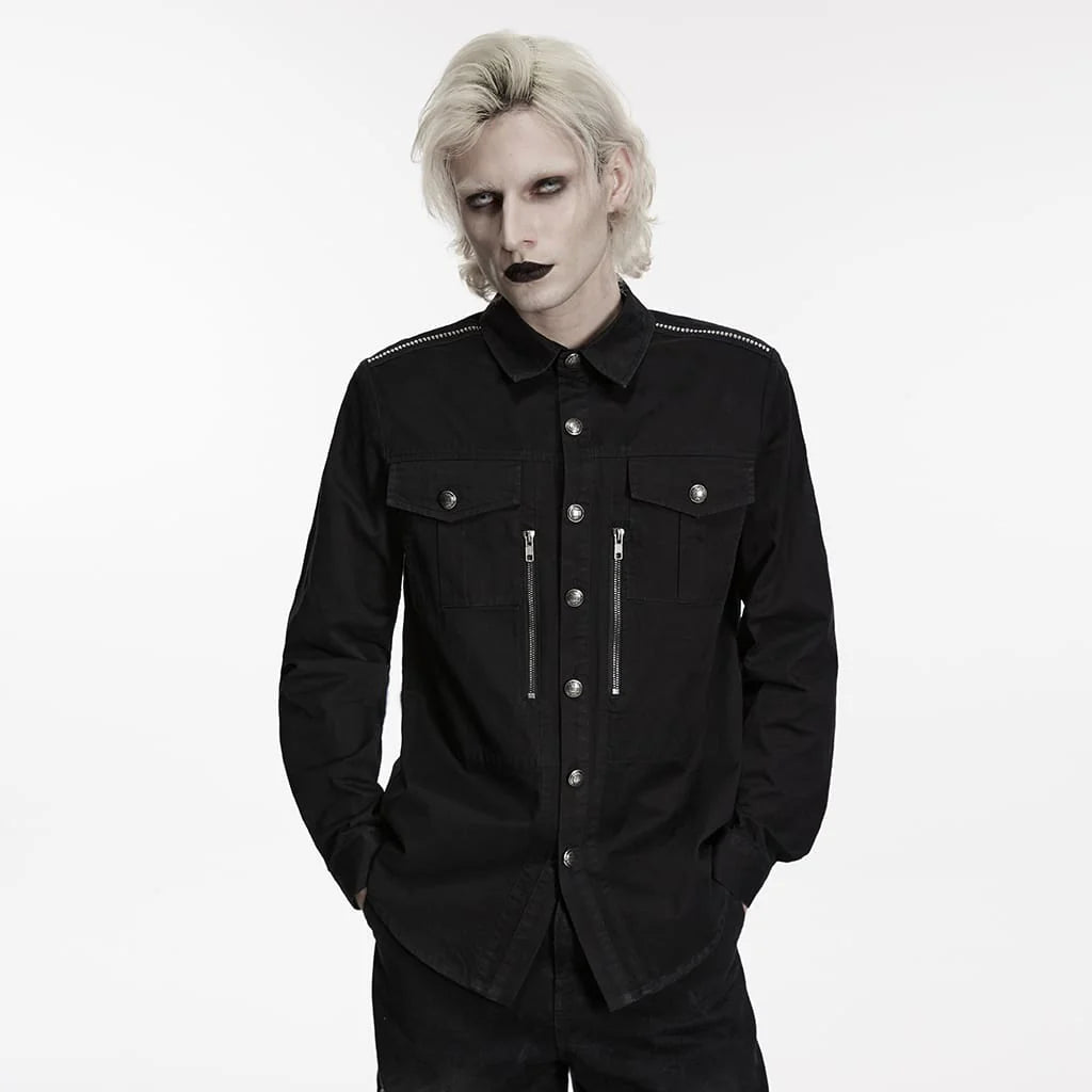 Men’s Punk Zips Turn-down Collar Long Sleeved Shirt