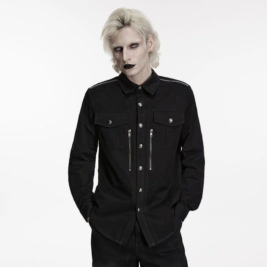 Men’s Punk Zips Turn-down Collar Long Sleeved Shirt