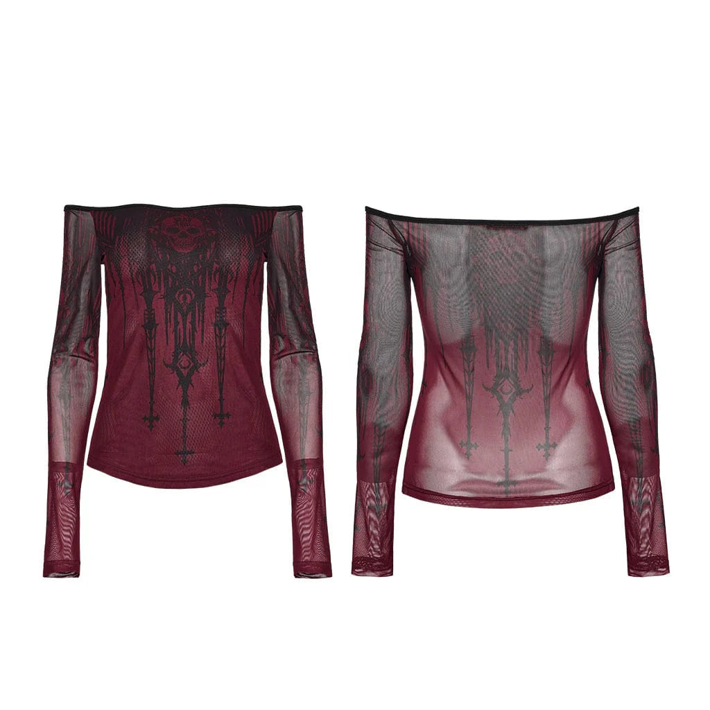 Women’s Gothic Church Skull Printed Off Shoulder Mesh Top