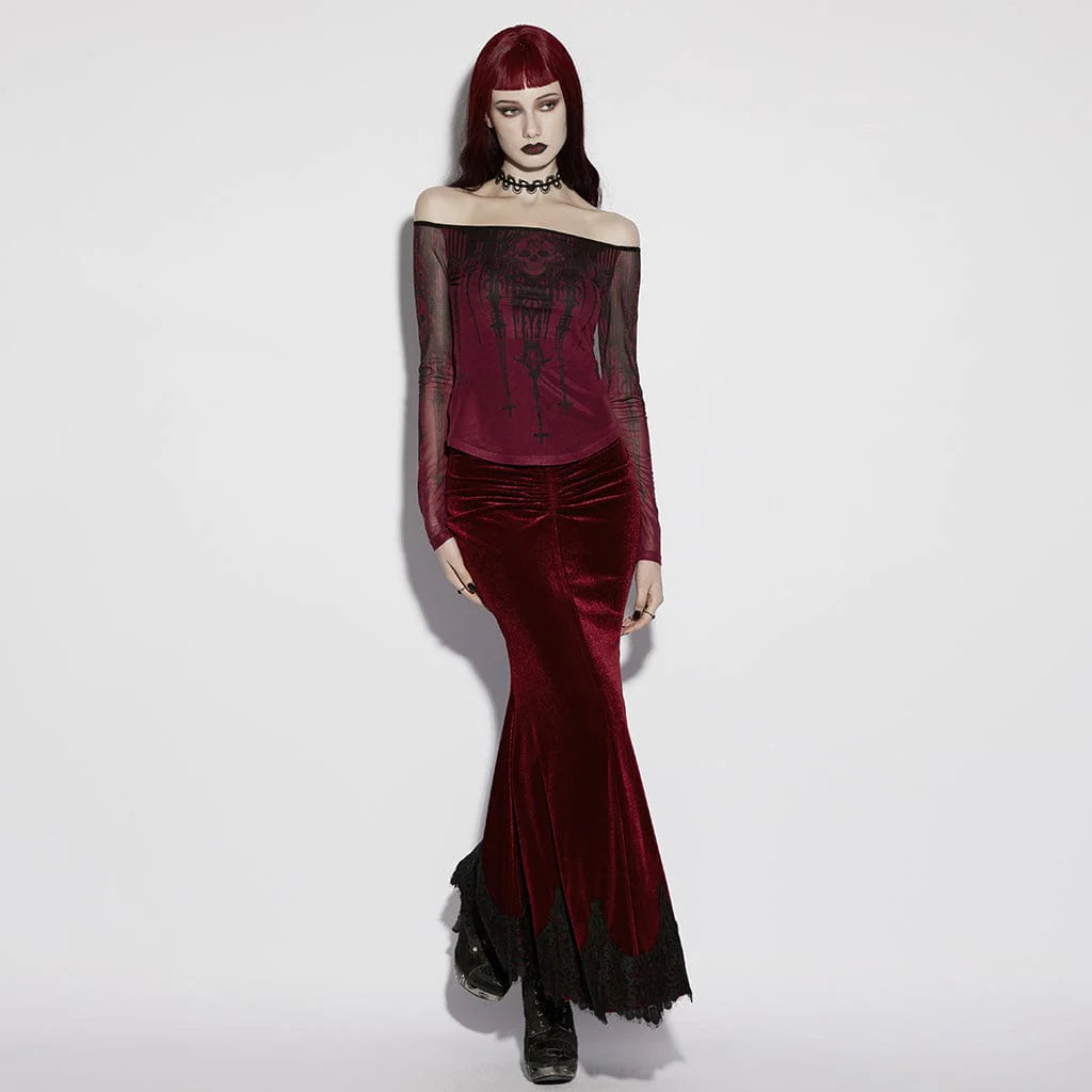 Women’s Gothic Church Skull Printed Off Shoulder Mesh Top